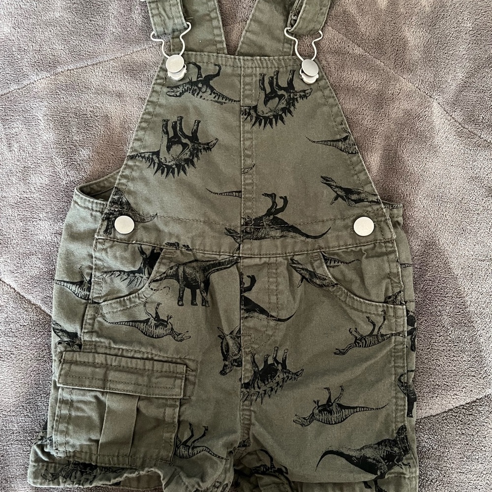 Wonder Nation Olive Dinosaur Print baby Boy Overalls size 6-9m